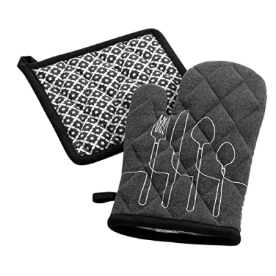 Afbeelding van Handschoen + pannenlap, 18 x 28 cm, 20 katoen, bedrukt, keuken, antraciet
