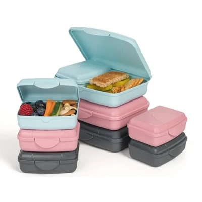 Afbeelding van Hausfelder Set van 9 platte lunchboxen Voor kinderen en volwassenen Met vakken (roze/limoengroen/leigrijs)