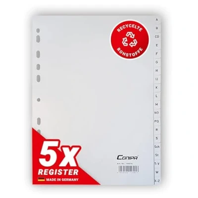 Afbeelding van Conipa 5 stuks DIN A4 tabbladen voor ordners, alfabetisch A Z, grijze tabbladen, extra grote met letters, effen mappen, stabiel ABC