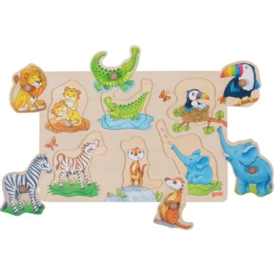 Afbeelding van goki 57310 Baby wilde dieren behang puzzel in elkaar grijpende voor peuters met diermotieven en houten handgrepen