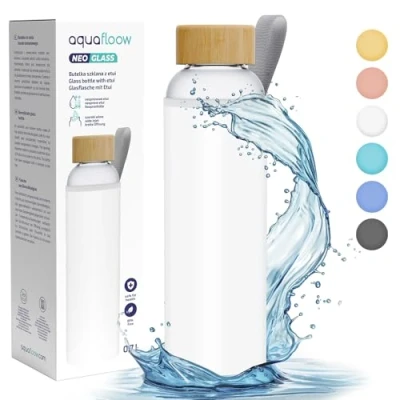 Afbeelding van Aquafloow Transparante waterflessen, brosilicaat neopreen etui, 700 ml, glazen waterfles met bamboedeksel, BPA vrij, ideaal voor kantoor, school, thuis, wit