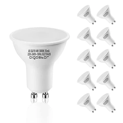 Afbeelding van Aigostar Ledlamp, GU10, 4 W, warm licht, 3000 K, 320 lumen, hoek van 100 120º, CRI ≥ 80, komt overeen met 47 W halogeenlamp, 10 stuks doos