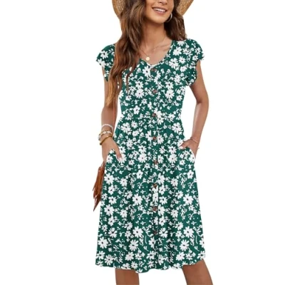 Afbeelding van MOLERANI Zomerjurk voor dames, casual, ruches, V hals, elastische taille, midi jurk met zakken, maten S 2XL, Groen (Diasy Green), L