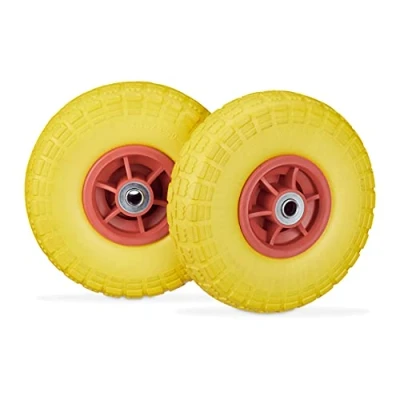 Afbeelding van Relaxdays Set van 8 steekwagenwielen, lekvrije massieve banden, 4,1/3,5 4 inch, as 16 mm, tot 150 kg, H x D: 26 8,5 cm, geel/rood