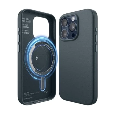 Afbeelding van elago Magnetische lederen hoes compatibel met iPhone 15 Pro, alle MagSafe 6,1 inch accessoires, ingebouwde magneten, veganistisch leer, schokbestendig, waterdicht [Indigo Jeans]
