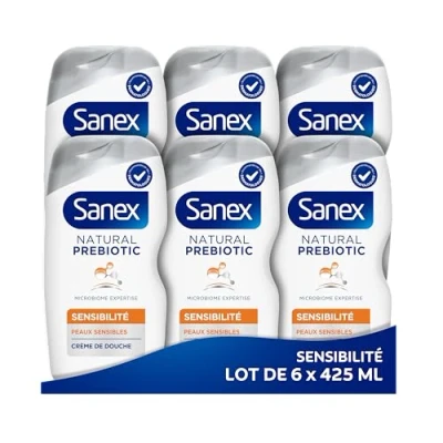 Afbeelding van SANEX Natural Prebiotic Sensitive Skin douchegel formule crème reinigt zacht minimaliseert risico op irritatie* prebiotisch &amp; postbiotisch complex dermatologisch getest 6 x 425 ml