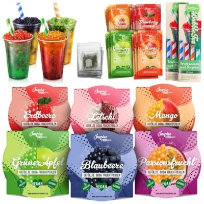 Afbeelding van INSPIRE FOOD Bubble Tea Kit 100 g Boba Popping (fraise, mangue, pomme verte, myrtille, litchi, fruit de la passion) Sirops 30 ml (mangue, fraise, pêche, verte) Avec pailles et thé