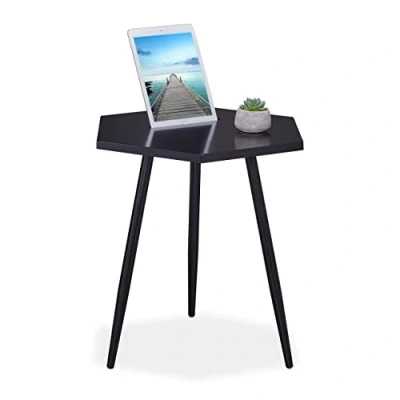 Afbeelding van Relaxdays bijzettafel zwart met tablethouder klein tafeltje woonkamer salontafel smal