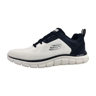 Afbeelding van Skechers Track Oxford pour homme, Bordure en maille synthétique blanc cassé bleu marine, 45.5 EU