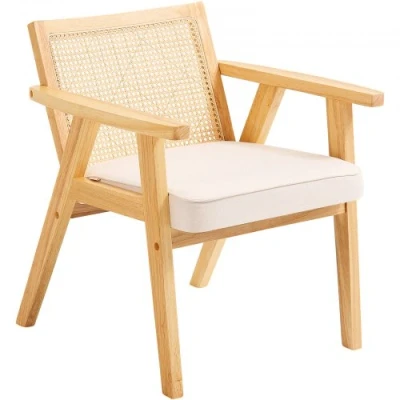 Image de VEVOR chaise en rotin, 1 pièce, de salle à manger moderne du milieu siècle avec accoudoirs, rembourrée dossier rétro rotin pour salon, chambre, bureau, beige