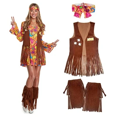 Afbeelding van Morph hippie kostuum voor dames, kostuum, jaren 70 jurk, kort, maat XL