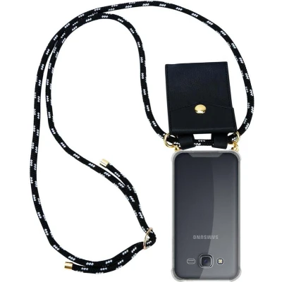 Afbeelding van Cadorabo Hoesje geschikt voor Samsung Galaxy J5 2015 in ZWART ZILVER Silicone Mobiele telefoon ketting beschermhoes met gouden ringen, koordriem en afneembare etui