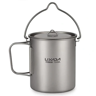 Afbeelding van Lixada Ultralight Titanium pan 750 ml campingpan frituurpan met handvat opvouwbaar deksel voor buiten, draagbaar, camping, picknick, waterbeker