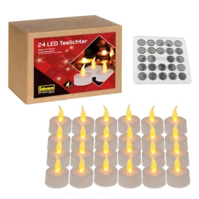 Afbeelding van Idena 24 stuks elektrische led theelichtjes met flikkerend licht, inclusief batterijen, decoratie voor bruiloft, feest, Kerstmis, kartonnen doos, Pasen, als sfeerlicht