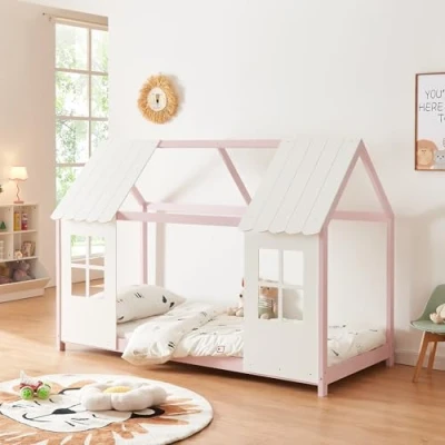 Afbeelding van [en.casa] Lit Cabane avec Fenêtres et Toit Enfant Forme Maison Design Sommier à Lattes pour Chambre d&#039;Enfant en Bois de Pin Contreplaqué 90 x 200 cm Rose Blanc
