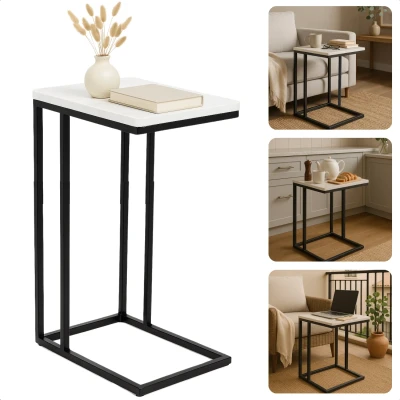 Afbeelding van Cheqo® Bijzettafel Bedtafel Laptoptafel Banktafel Bijzettafeltje Salontafel Bijzet Tafel Metaal Marmeren MDF Tafelblad Kleine Moderne Wit