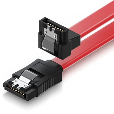Afbeelding van deleyCON 0,3 m SATA III kabel S ATA 3 datakabel HDD SSD aansluitkabel 1 metalen clip 6 Gb/s x rechte stekker 90 type L rood