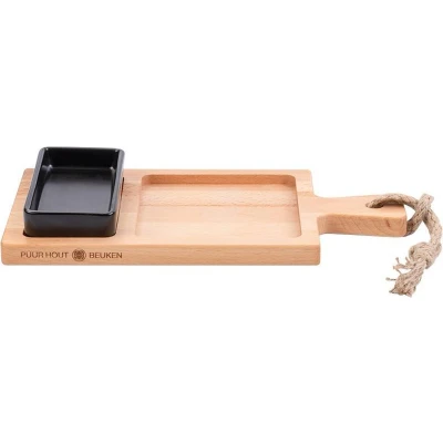 Afbeelding van Borrelplank Serveerplank Tapasplank met handvat 35cm 2 vaks schaaltje zwart