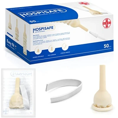 Afbeelding van AIESI® HOSPISAFE Buitenkatheter van latex voor heren, met plakstrips, diameter 25 mm, afzonderlijk verpakt (50 stuks)