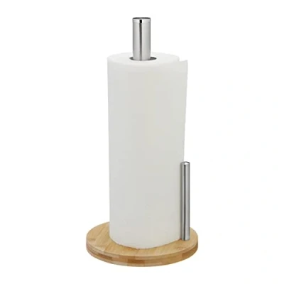 Afbeelding van Relaxdays keukenrolhouder staand rond keukenpapierhouder bamboe rvs rollenhouder