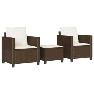 Afbeelding van 3 delige Bistroset met kussens poly rattan bruin