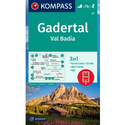 Afbeelding van KOMPASS Wanderkarte 51 Gadertal / Val Badia 1:25.000: 3in1 Wanderkarte, mit Aktiv Guide inklusive Karte zur offline Verwendung in der App. Fahrradfahren. Skitouren