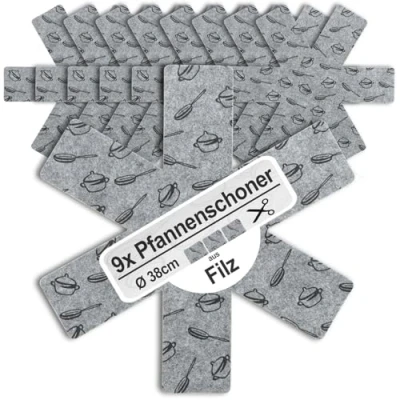 Afbeelding van COM FOUR® 9 x vilten panbescherming pannenbescherming ter bescherming tegen krassen pannenbeschermingsmat voor pannen, potten en kommen (09 stuks grijs)