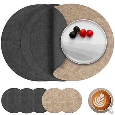 Afbeelding van Myir JUN Set van 6 ronde leren onderzetters en leer, waterdicht, dubbelzijdig, hittebestendig, antislip wasbaar, grijs beige