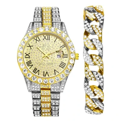 Afbeelding van JewelryWe Diamanten horloge voor dames en heren, diamanthorloge armband, rond analoog kwartshorloge, roestvrijstalen armband zilvergoud, 2 stuks, Zilver goud met