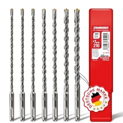 Afbeelding van SCHWABENBACH ® SDS PLUS 7 delige betonboorset, Super 5, 6, 8, 10, 12 x 210 mm, geschikt voor Bosch Hilti Makita Metabo boorhamer, premium kwaliteit klopboormachines