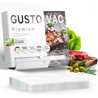 Afbeelding van GustoVac 100 vacuümzakken voor levensmiddelen, wafelpatroon, gemaakt in Europa, 25 x 35 cm, levensmiddelen