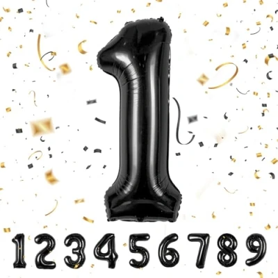 Afbeelding van Ballonnen verjaardag 1 jaar zwart 101 cm ballon nummer verjaardagsdecoratie vliegen met helium
