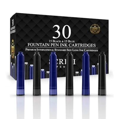 Afbeelding van SCRIVI PENS Vulpenvullingen 30 stuks zwarte en blauwe inktpatronen internationaal standaardformaat lengte ca. 5,1 cm basisdiameter 0,6 wegwerpbaar