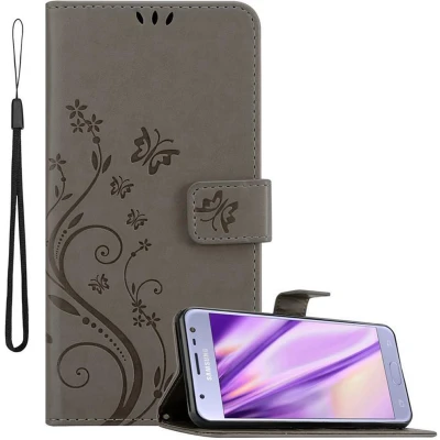 Afbeelding van Cadorabo Hoesje geschikt voor Samsung Galaxy J3 2017 in BLOEMEN GRIJS Beschermhoes bloemmotief met magnetische sluiting, standfunctie en kaartsleuven Book Case Cover Etui