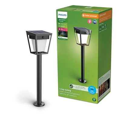 Afbeelding van Philips Nissa sokkellamp UltraEfficient LED Solar buitenlamp Helder warm licht; 3000K Zwart Bewegingssensor Schemersensor Tuinpadverlichting Zonne energie