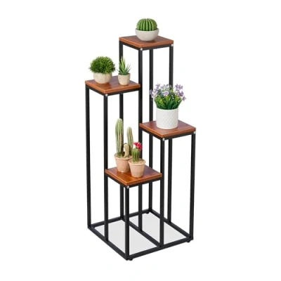 Afbeelding van Relaxdays Plantenrek, 4 niveaus, h x b d: 80 40 cm, staal en MDF, trap voor bloemendesign, zwart bruin