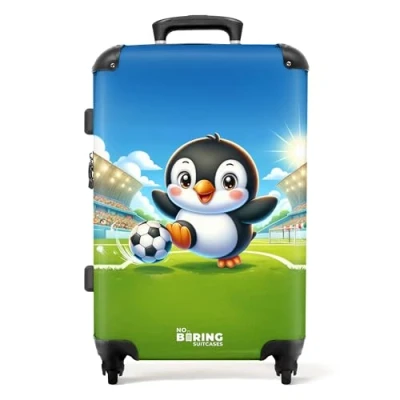 Afbeelding van NoBoringSuitcases.com Grote koffer Pinguïn met voetbal in een stadion Kinderkoffer jongen Reiskoffer 4 wielen Trolley op wieltjes Rolkoffer groot kinderen 72 liter Ruimbagage valies 20kg