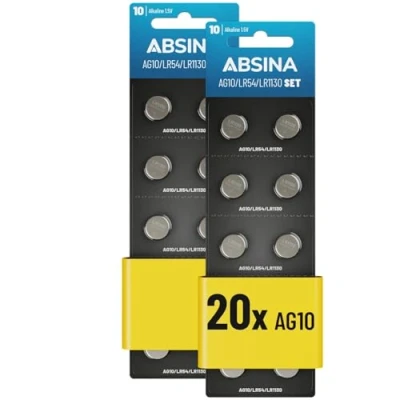 Afbeelding van ABSINA 20 stuks AG10 LR1130 alkaline knoopcellen, 1,5 V, lekvrij, lange levensduur, LR54 / V10GA RW49 G10A 189 GP189 L1130 89A