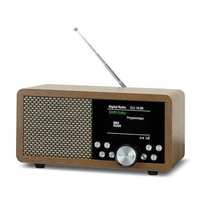 Afbeelding van Dab+ Dynavox DBT600 Draagbare radio, geïntegreerde FM voor keuken, badkamer, kantoor, wekfunctie, TFT display, voedingsblok of accu, USB stekker en SD kaart, hout look afwerking