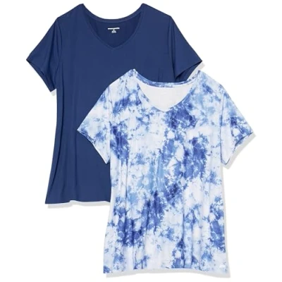 Image de Amazon Essentials T shirt Tech à manches courtes et col en V, extensible (disponible grande taille) Dames, 2 Pack, Blanc Tie dye/Bleu Marine, M