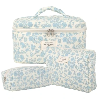 Afbeelding van Set van 3 gewatteerde toilettassen voor dames Met bloemenpatroon Esthetische Make uptas meisjes en vrouwen, wit/kers, Wit/Kersen