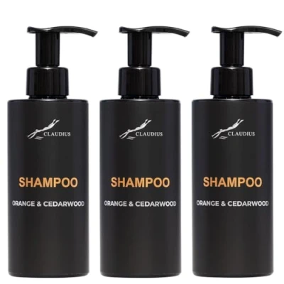 Afbeelding van Shampoo Sweet Orange &amp; Cedarwood 300 ml met pomp zwarte fles set van 3 stuks Voordeelverpakking