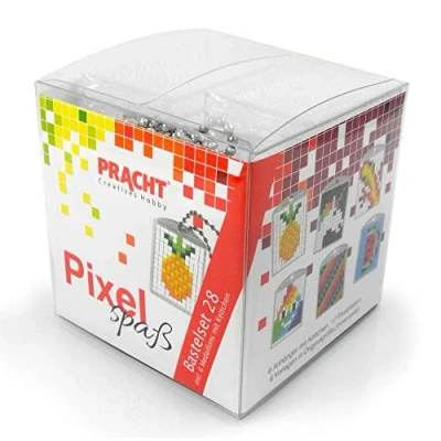 Afbeelding van Pixel P90066 63501 leuke knutselset 28, voor het vormgeven van 6 sleutelhangers (medaillons) kinderen, eenvoudig insteeksysteem, zonder strijken en lijmen, steentjes biokunststof