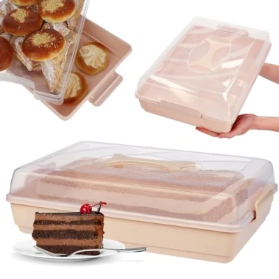 Afbeelding van KADAX Taartbox, rechthoekig, van kunststof, met deksel, 44 x 30 12,5 cm, handvat, voor cake, muffins, roze