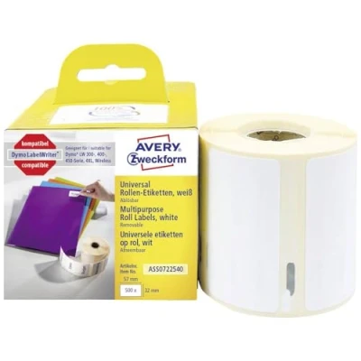 Afbeelding van Avery Zweckform Rol met etiketten Compatibel vervangt DYMO, Seiko 11354, S0722540 57 x 32 mm Papier Wit 500 stuk(s) Weer verwijderbaar Universele