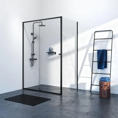 Afbeelding van Sealskin Contour schuifdeur met zijwand 120x90 cm, 200 cm hoog, zwart, 6 mm helder veiligheidsglas Minimalistisch design