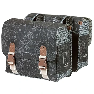Image de Sacoche arriere velo double basil boheme 35l noir creme fixation scratchs sur porte bagage (37x15x37cm)