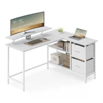 Afbeelding van VASAGLE L vormig computerbureau, hoekbureau, 2 ruime laden, monitorhouder, verstelbaar rek, esdoornwit LWD098W01
