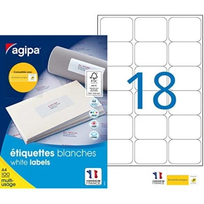 Afbeelding van agipa 100981 universele etiketten, 63,5 x 46,6 mm, wit
