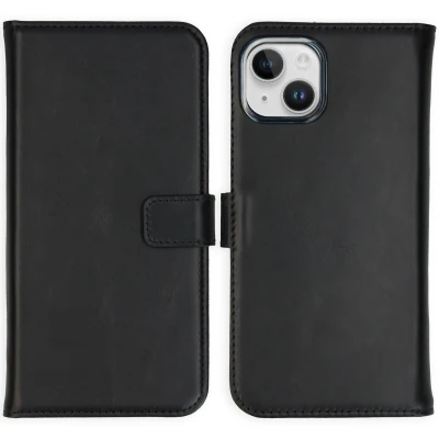 Afbeelding van Selencia Hoesje Geschikt voor iPhone 15 Met Pasjeshouder Echt Lederen Bookcase Zwart
